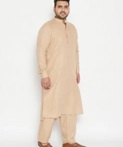 Vastramay Holi Men's Plus Size Light Brown Cotton Blend Pathani Set