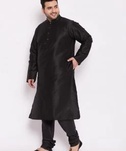 VASTRAMAY Men's Plus Size Black Cotton Silk Blend Kurta And Pyjama Set