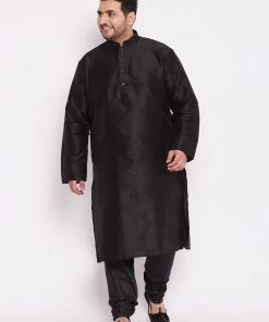 VASTRAMAY Men's Plus Size Black Cotton Silk Blend Kurta And Pyjama Set