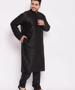 VASTRAMAY Men's Plus Size Black Cotton Silk Blend Kurta And Pyjama Set