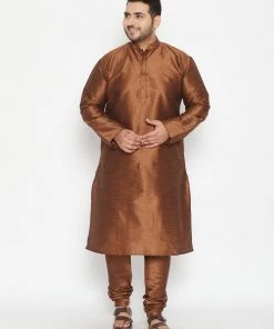 Vastramay Plus Size Collection Men's Plus Size Coffee Brown Silk Blend Kurta Pyjama Set
