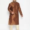 Vastramay Men's Plus Size Coffee Brown And Gold Silk Blend Kurta Pyjama Set