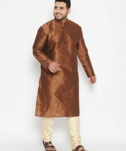 Vastramay Men's Plus Size Coffee Brown And Gold Silk Blend Kurta Pyjama Set