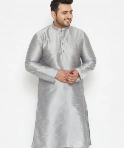 Vastramay Men's Plus Size Grey Silk Blend Kurta
