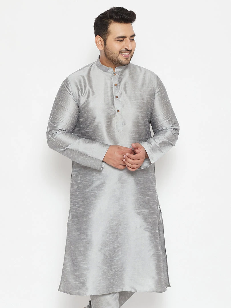 Vastramay Men's Plus Size Grey Silk Blend Kurta 3 Vastramay Men's Plus Size Grey Silk Blend Kurta