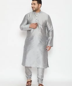 Vastramay Men's Plus Size Grey Silk Blend Kurta 12 Vastramay Men's Plus Size Grey Silk Blend Kurta
