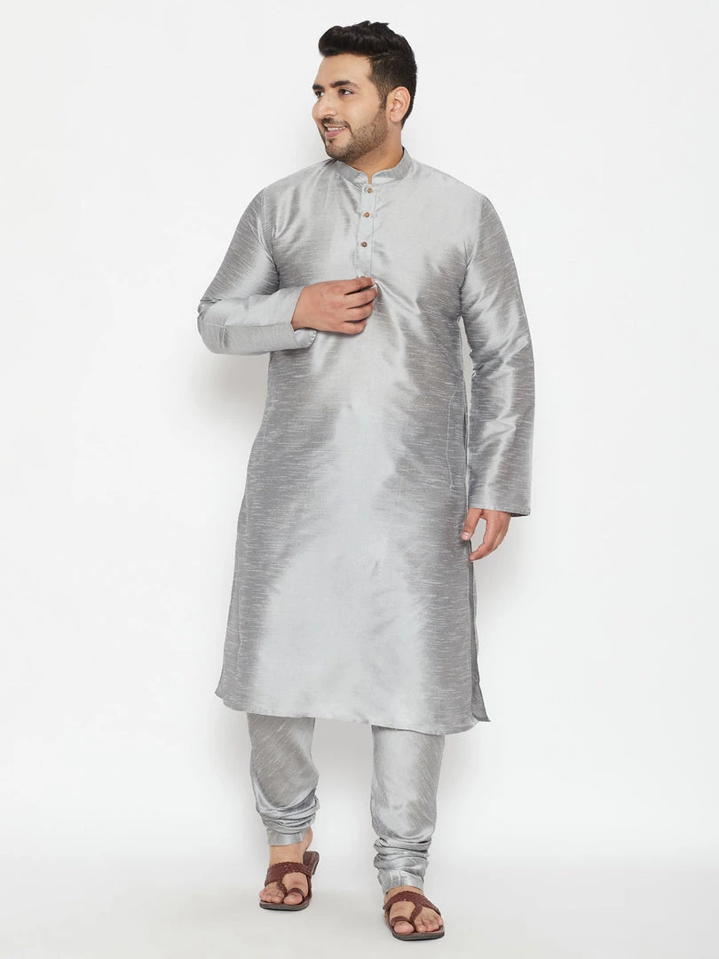 Vastramay Men's Plus Size Grey Silk Blend Kurta 7 Vastramay Men's Plus Size Grey Silk Blend Kurta