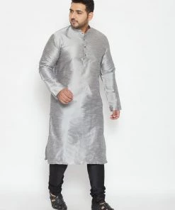 Vastramay Men's Plus Size Grey And Black Silk Blend Kurta Pyjama Set