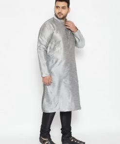 Vastramay Men's Plus Size Grey And Black Silk Blend Kurta Pyjama Set