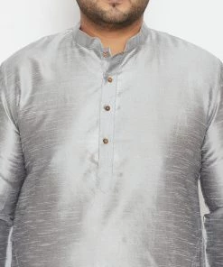 Vastramay Men's Plus Size Grey And Black Silk Blend Kurta Pyjama Set