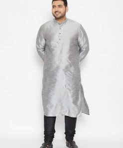 Vastramay Men's Plus Size Grey And Black Silk Blend Kurta Pyjama Set