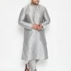 Vastramay Men's Plus Size Grey Silk Blend Kurta Pyjama Set