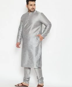 Vastramay Men's Plus Size Grey Silk Blend Kurta Pyjama Set