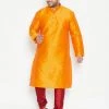 Vastramay Plus Size Collection Men's Plus Size Orange And Maroon Silk Blend Kurta Pyjama Set