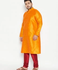 Vastramay Plus Size Collection Men's Plus Size Orange And Maroon Silk Blend Kurta Pyjama Set
