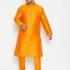 Vastramay Plus Size Collection Men's Plus Size Orange Silk Blend Kurta Pyjama Set