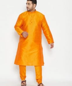 Vastramay Plus Size Collection Men's Plus Size Orange Silk Blend Kurta Pyjama Set