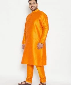 Vastramay Plus Size Collection Men's Plus Size Orange Silk Blend Kurta Pyjama Set