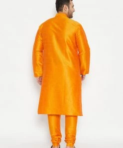 Vastramay Plus Size Collection Men's Plus Size Orange Silk Blend Kurta Pyjama Set