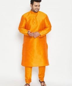Vastramay Plus Size Collection Men's Plus Size Orange Silk Blend Kurta Pyjama Set