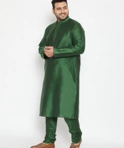 Vastramay Men's Plus Size Green Viscose Blend Kurta And Pyjama Set