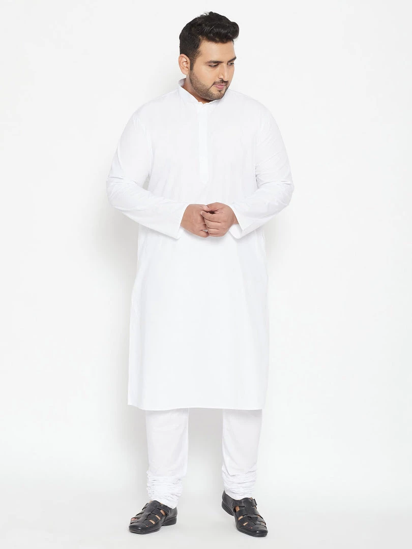 Vastramay Plus Size Collection Men's Plus Size White Cotton Blend Kurta Pyjama Set 3 Vastramay Plus Size Collection Men's Plus Size White Cotton Blend Kurta Pyjama Set