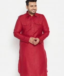 Plus Size Collection VASTRAMAY Men's Plus Size Maroon Cotton Blend Pathani Kurta