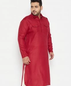 Plus Size Collection VASTRAMAY Men's Plus Size Maroon Cotton Blend Pathani Kurta