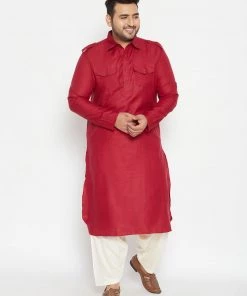 Plus Size Collection VASTRAMAY Men's Plus Size Maroon And Cream Cotton Blend Pathani Set