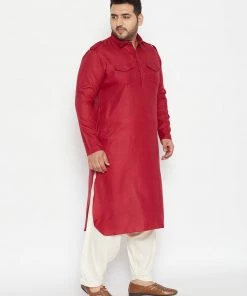 Plus Size Collection VASTRAMAY Men's Plus Size Maroon And Cream Cotton Blend Pathani Set