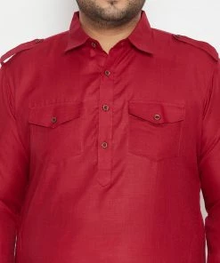 Plus Size Collection VASTRAMAY Men's Plus Size Maroon And Cream Cotton Blend Pathani Set