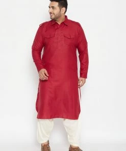 Plus Size Collection VASTRAMAY Men's Plus Size Maroon And Cream Cotton Blend Pathani Set