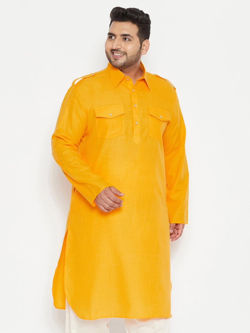 Plus Size Collection VASTRAMAY Men's Plus Size Mustard Cotton Blend Pathani Kurta 3 Plus Size Collection VASTRAMAY Men's Plus Size Mustard Cotton Blend Pathani Kurta