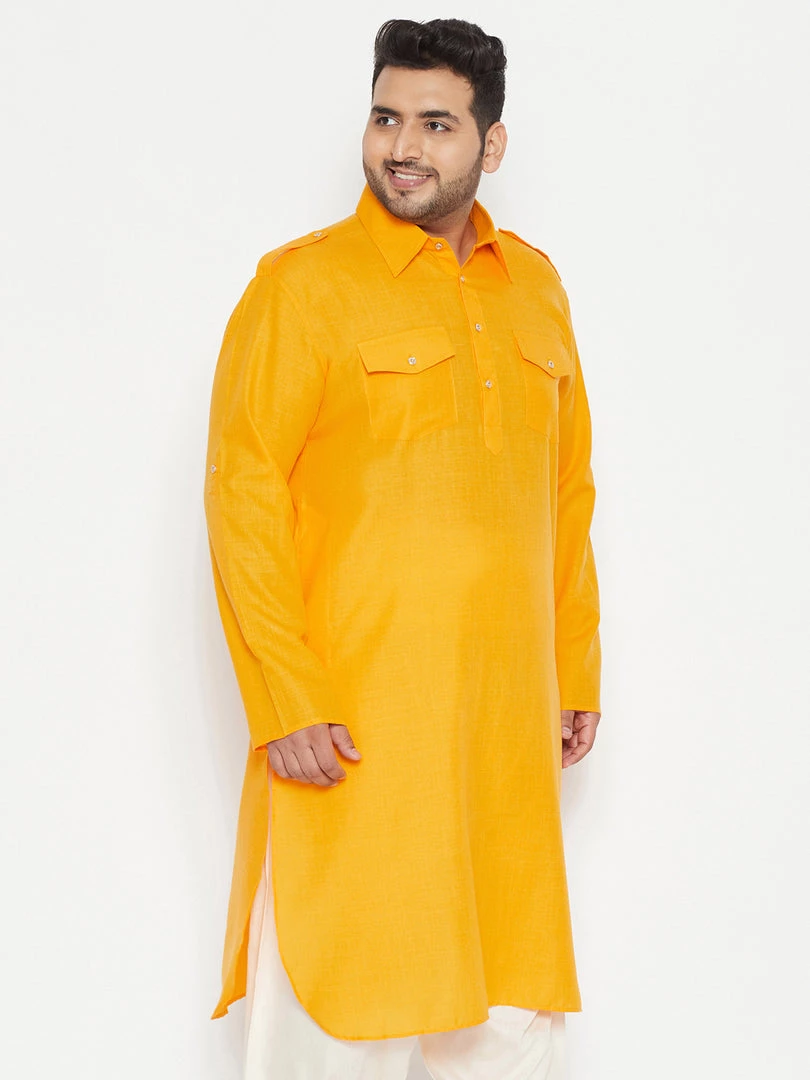 Plus Size Collection VASTRAMAY Men's Plus Size Mustard Cotton Blend Pathani Kurta 4 Plus Size Collection VASTRAMAY Men's Plus Size Mustard Cotton Blend Pathani Kurta