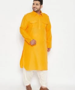 Vastramay Plus Size Collection Men's Plus Size Mustard And Cream Cotton Blend Pathani Set