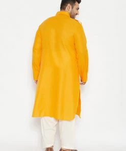 Vastramay Plus Size Collection Men's Plus Size Mustard And Cream Cotton Blend Pathani Set