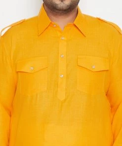 Vastramay Plus Size Collection Men's Plus Size Mustard And Cream Cotton Blend Pathani Set