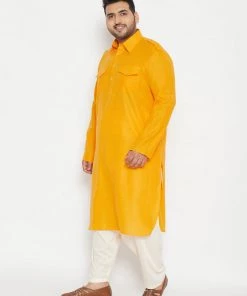 Vastramay Plus Size Collection Men's Plus Size Mustard And Cream Cotton Blend Pathani Set