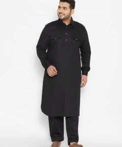 Plus Size Collection VASTRAMAY Men's Plus Size Black Cotton Blend Pathani Set