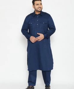 VASTRAMAY Men's Plus Size Blue Cotton Blend Pathani Set Plus Size Collection
