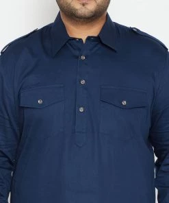 VASTRAMAY Men's Plus Size Blue Cotton Blend Pathani Set Plus Size Collection