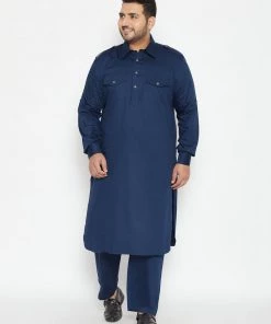VASTRAMAY Men's Plus Size Blue Cotton Blend Pathani Set Plus Size Collection