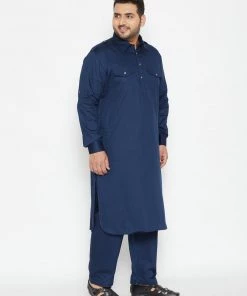 VASTRAMAY Men's Plus Size Blue Cotton Blend Pathani Set Plus Size Collection