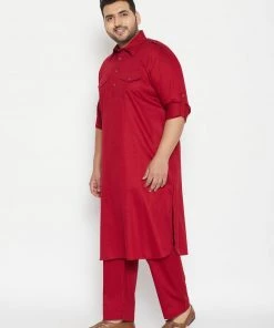 VASTRAMAY Men's Plus Size Maroon Cotton Blend Pathani Set