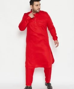 VASTRAMAY Men's Plus Size Red Cotton Blend Pathani Set