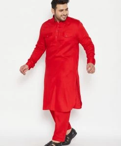 VASTRAMAY Men's Plus Size Red Cotton Blend Pathani Set