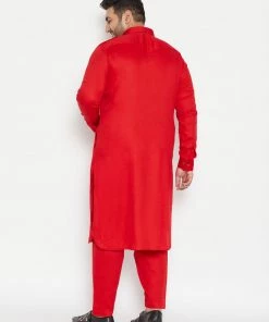 VASTRAMAY Men's Plus Size Red Cotton Blend Pathani Set