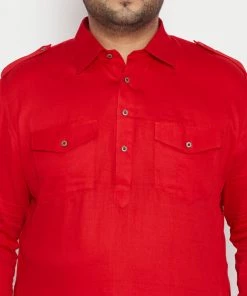 VASTRAMAY Men's Plus Size Red Cotton Blend Pathani Set