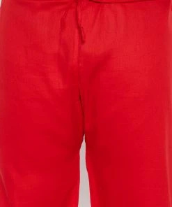 VASTRAMAY Men's Plus Size Red Cotton Blend Pathani Set