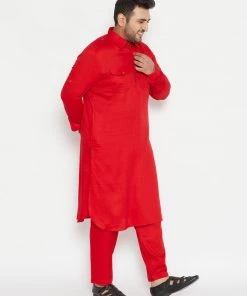 VASTRAMAY Men's Plus Size Red Cotton Blend Pathani Set
